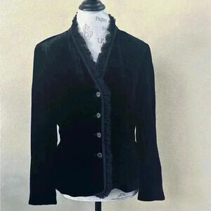DKNY Black Velvet Jacket With Silk Lace Trim Women’s Size 12 EUC!